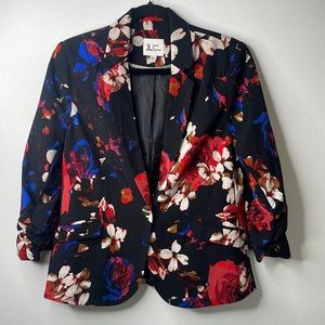 Jules & Leopold Size Small Floral Open Front Blazer~Ruched 3/4 Sleeve Ends